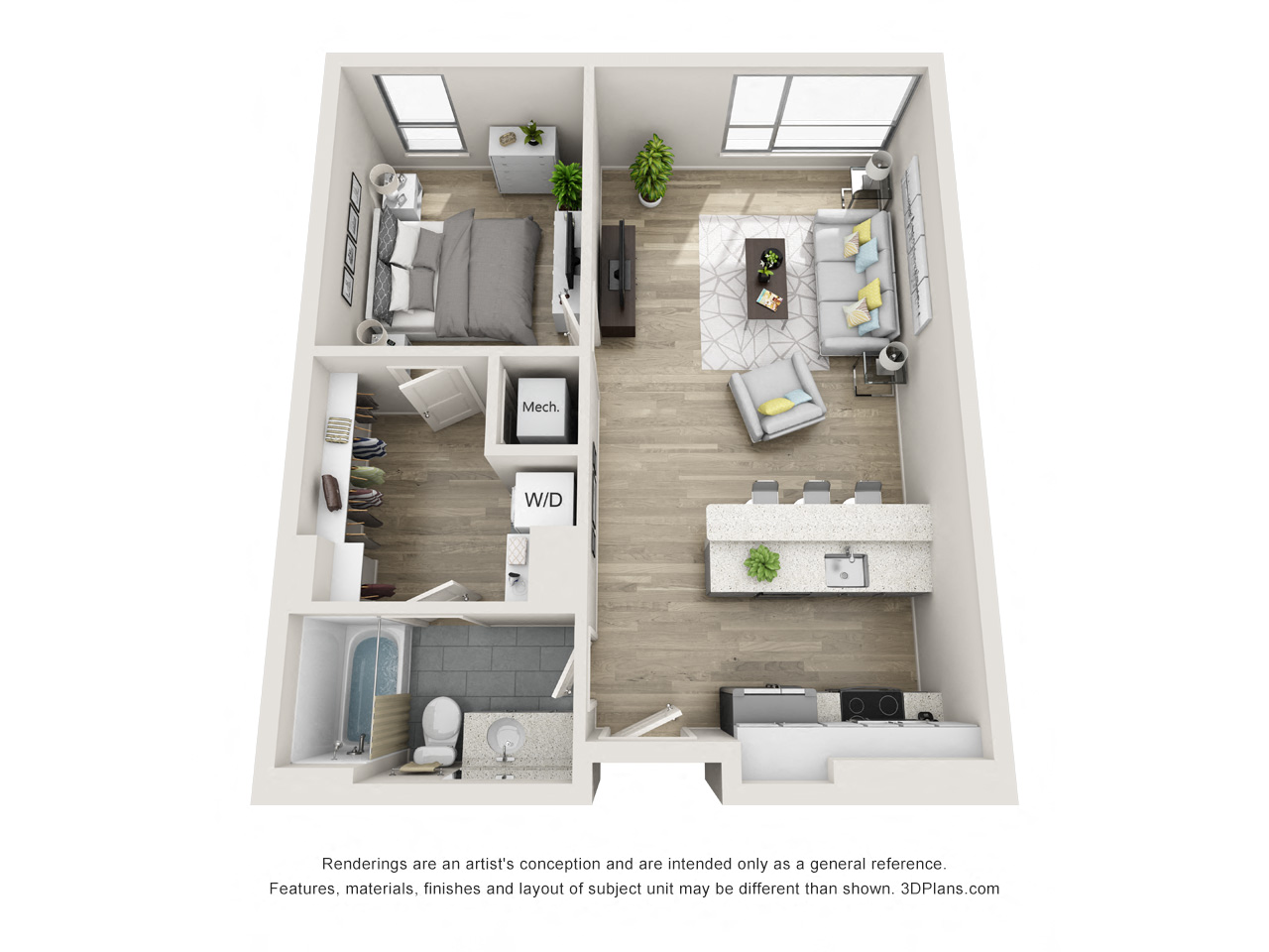 Floor plan for 1 bed, 1 bath, 722 sqft